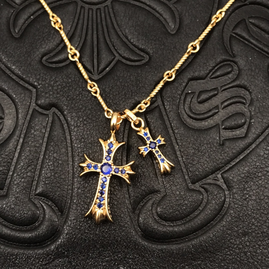 Chrome Hearts 高版本克罗心蓝钻双十字架项链 厚镀22K金 区别市面18K浅金色 22K是很接近纯金的颜色