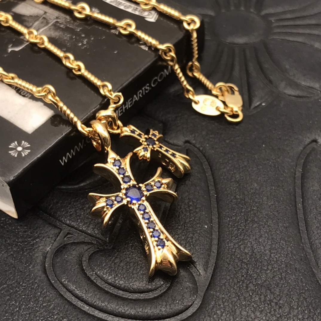 Chrome Hearts 高版本克罗心蓝钻双十字架项链 厚镀22K金 区别市面18K浅金色 22K是很接近纯金的颜色