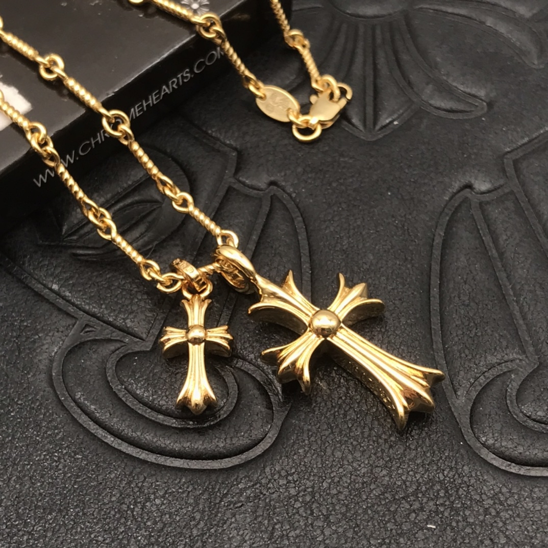 Chrome Hearts 高版本克罗心蓝钻双十字架项链 厚镀22K金 区别市面18K浅金色 22K是很接近纯金的颜色