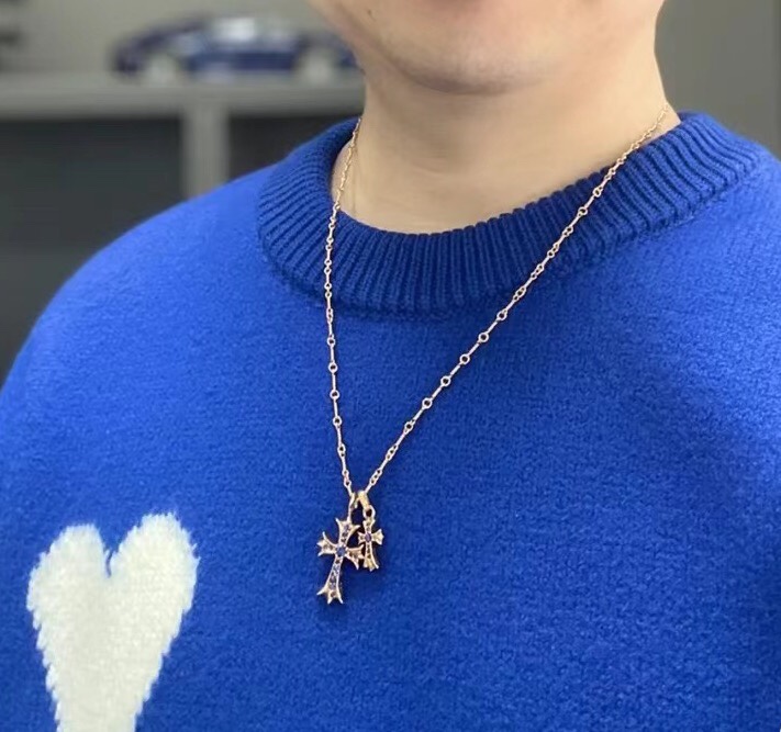 Chrome Hearts 高版本克罗心蓝钻双十字架项链 厚镀22K金 区别市面18K浅金色 22K是很接近纯金的颜色