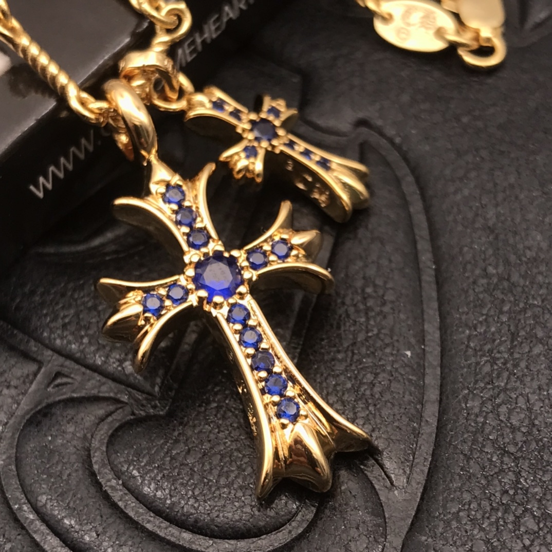 Chrome Hearts 高版本克罗心蓝钻双十字架项链 厚镀22K金 区别市面18K浅金色 22K是很接近纯金的颜色