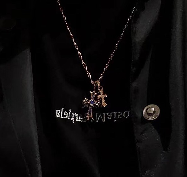Chrome Hearts 高版本克罗心蓝钻双十字架项链 厚镀22K金 区别市面18K浅金色 22K是很接近纯金的颜色