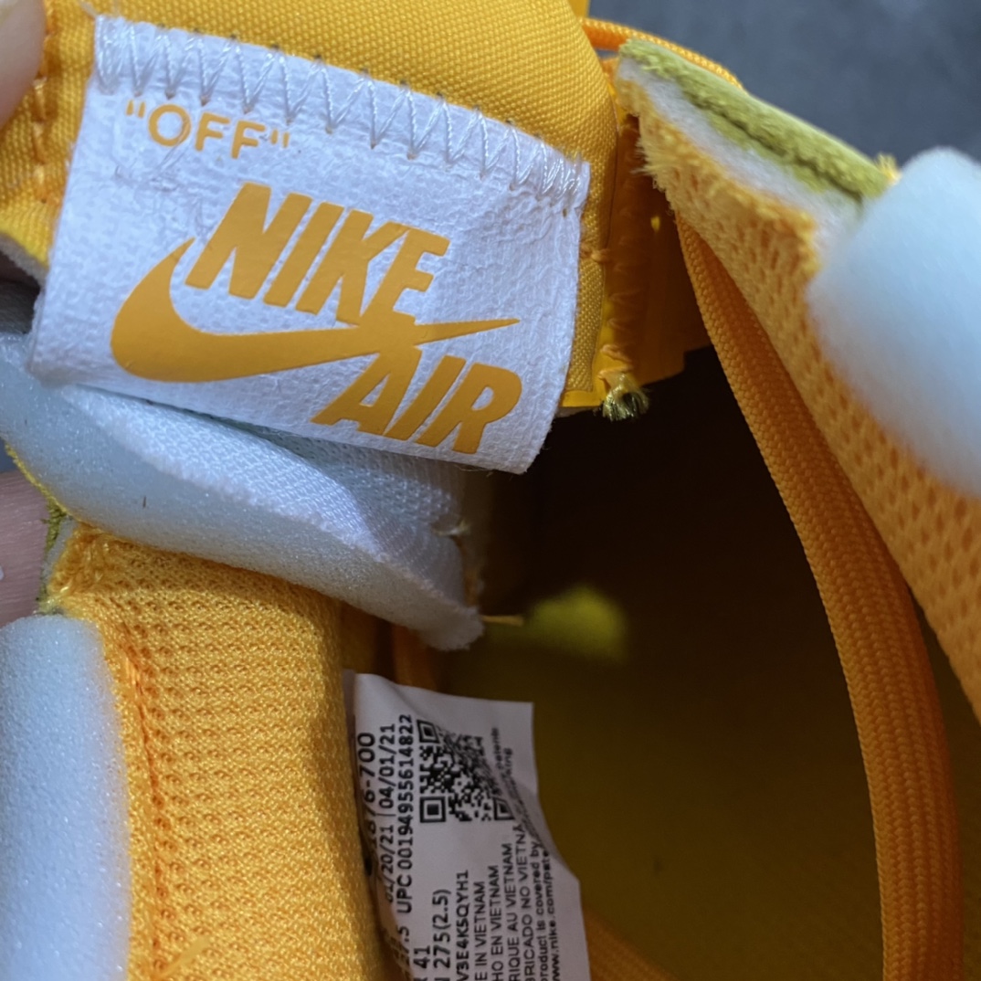 图片[5]-渠道纯原版 Nike Air Force1 X Off White AF1 OW 黄色色艺术馆 DD1876-700 重金购入原鞋开发 耗时多个月开发打造 北美突袭发售一波 现正品价格逼近两万元大关 市面唯一使用正确批次卡色 Prime Asia 贝利原厂皮料 （与zp无色差）原楦原纸板 确保最大程度还原鞋头采用数码冲孔 清洁度完美 正确中底双色四线拉帮 侧面字体采用原厂高频工艺 多层印刷加厚处理 立体清晰 区分市面单层油墨印刷 原厂防盗扣 原档案大底 第一批仅1200双 外贸客户必主推版本 尺码 36 36.5 37.5 38 38.5 39 40 40.5 41 42 42.5 43 44 44.5 45 46 47.5-选品中心