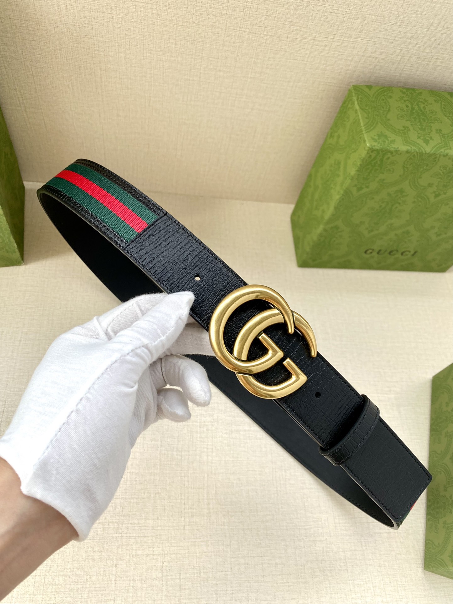 Gucci Ceintures Noir Vert Rouge Tissé Boucle en acier Toile Coton Cuir de vache