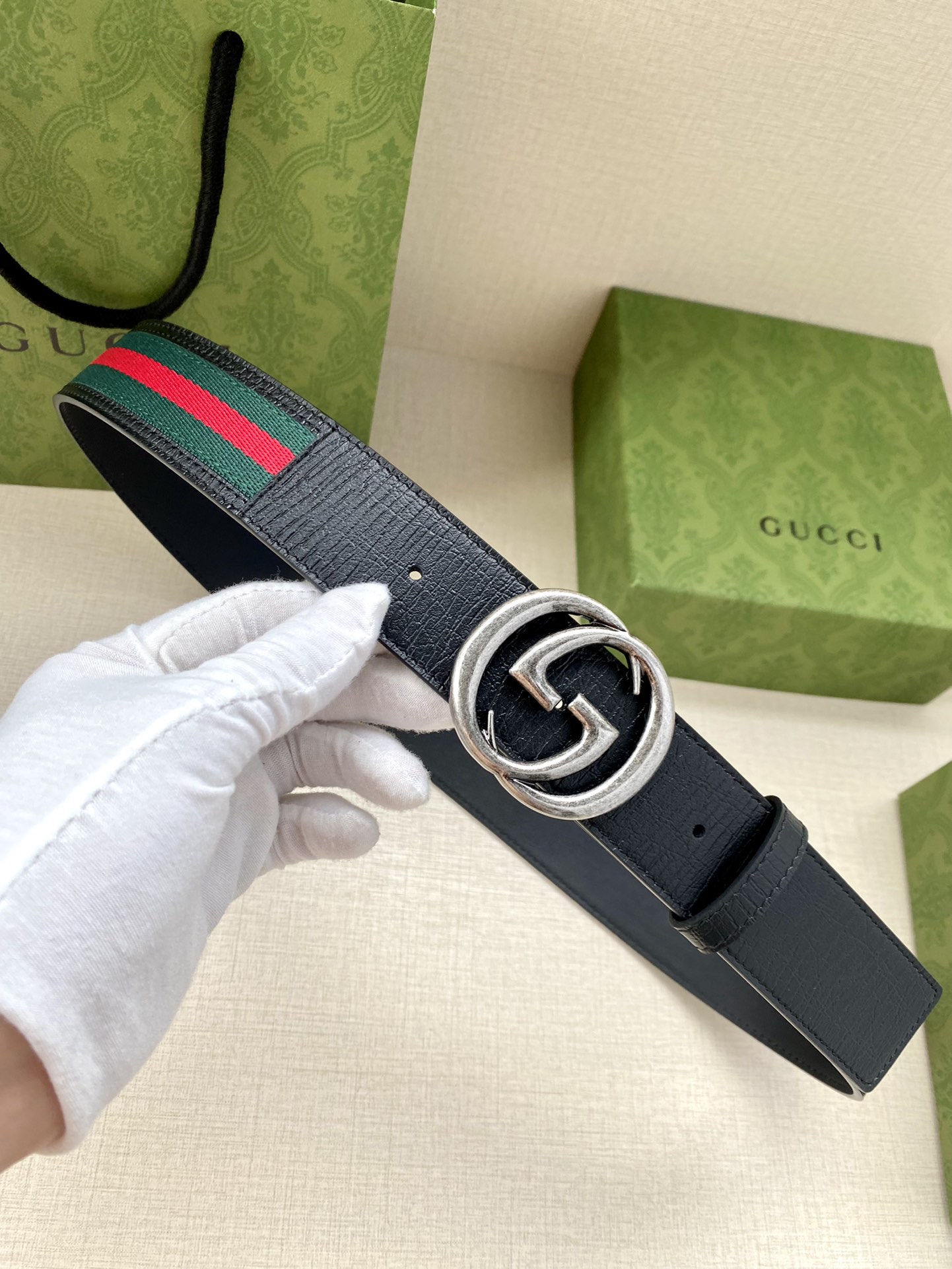 Gucci Ceintures Noir Vert Rouge Tissé Boucle en acier Toile Coton Cuir de vache