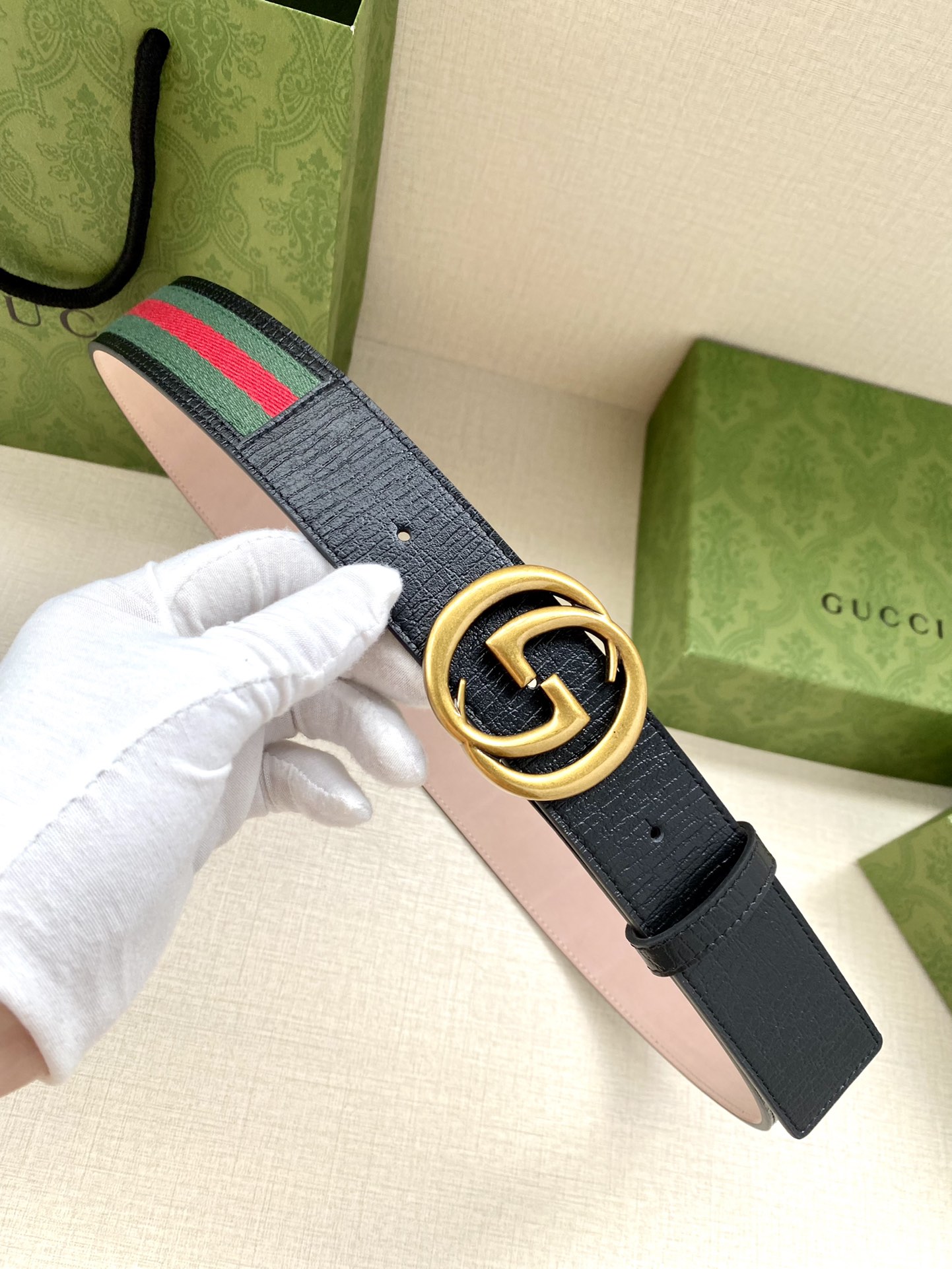 Gucci Ceintures Noir Vert Rouge Tissé Boucle en acier Toile Coton Cuir de vache