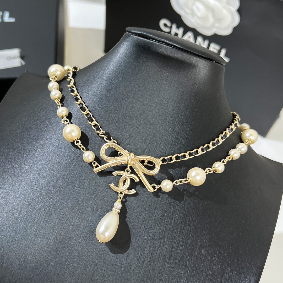 新款☑️CHANEL香奈儿双c蝴蝶结双层珍珠项链