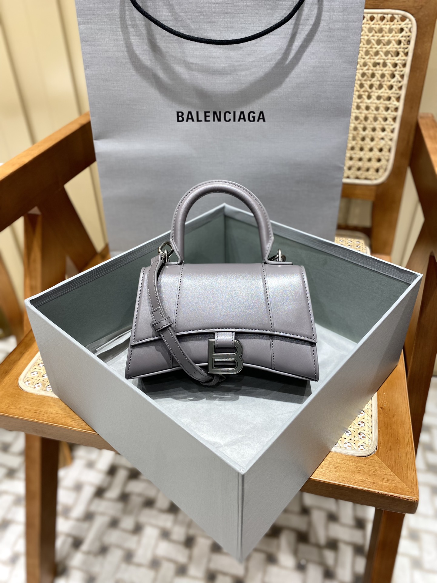 Balenciaga Hourglass XS 19CM BAG 平纹沙漏包 592833灰色/银扣