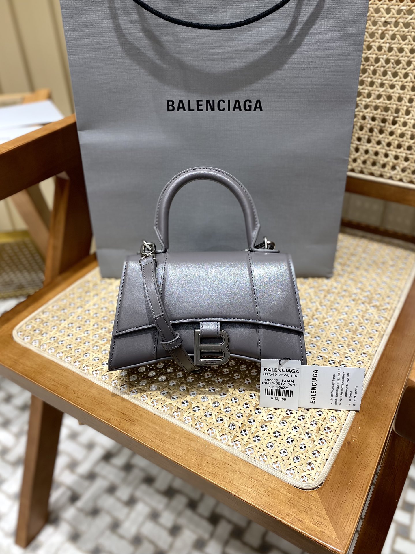 Balenciaga Hourglass XS 19CM BAG 平纹沙漏包 592833灰色/银扣