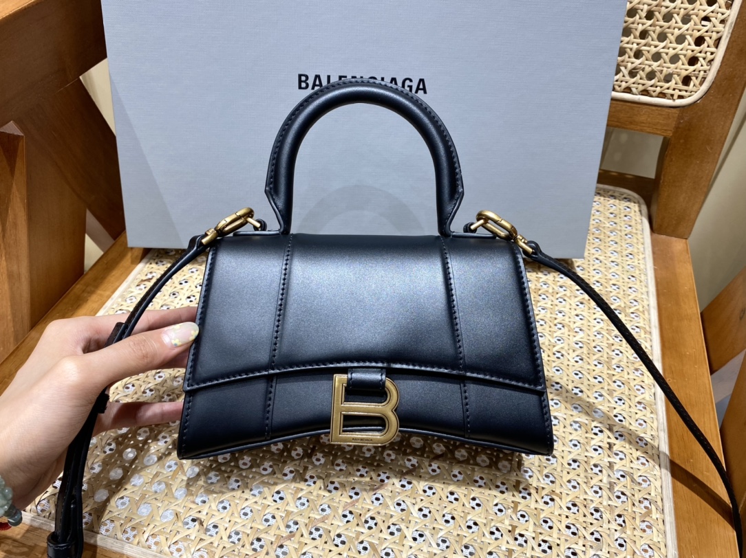 Balenciaga Hourglass XS 19CM BAG 平纹沙漏包 592833黑色/金扣