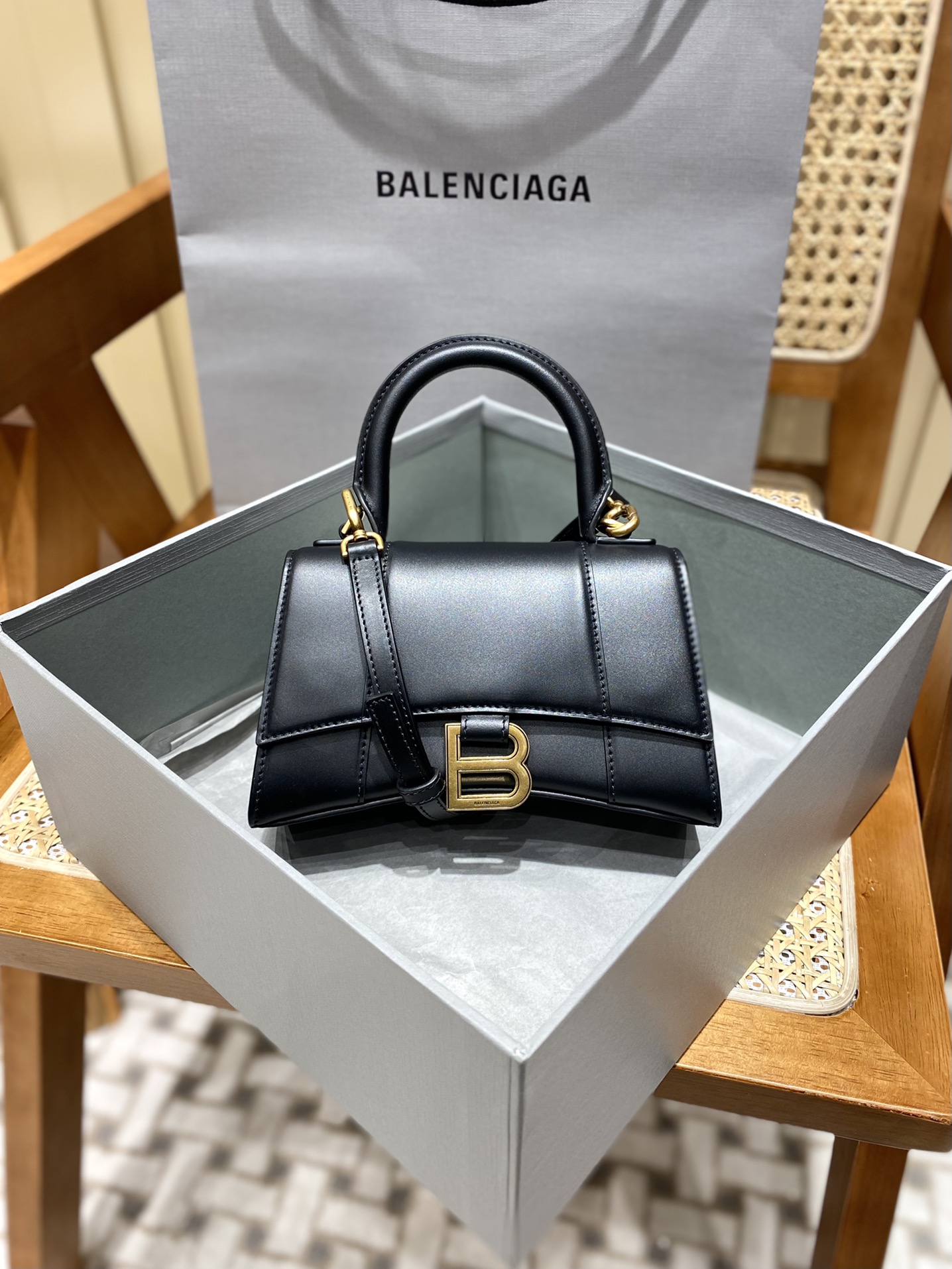 Balenciaga Hourglass XS 19CM BAG 平纹沙漏包 592833黑色/金扣