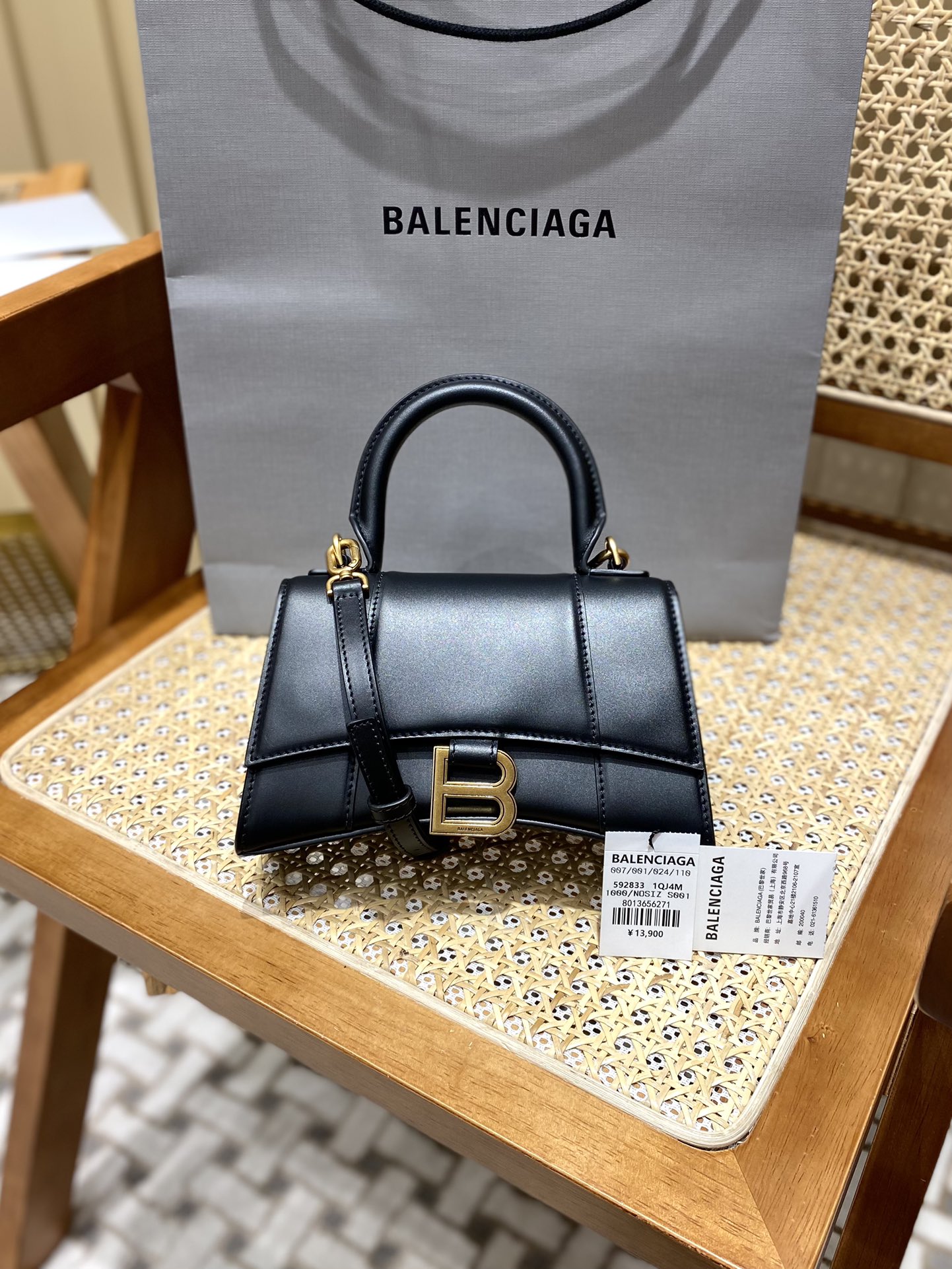 Balenciaga Hourglass XS 19CM BAG 平纹沙漏包 592833黑色/金扣