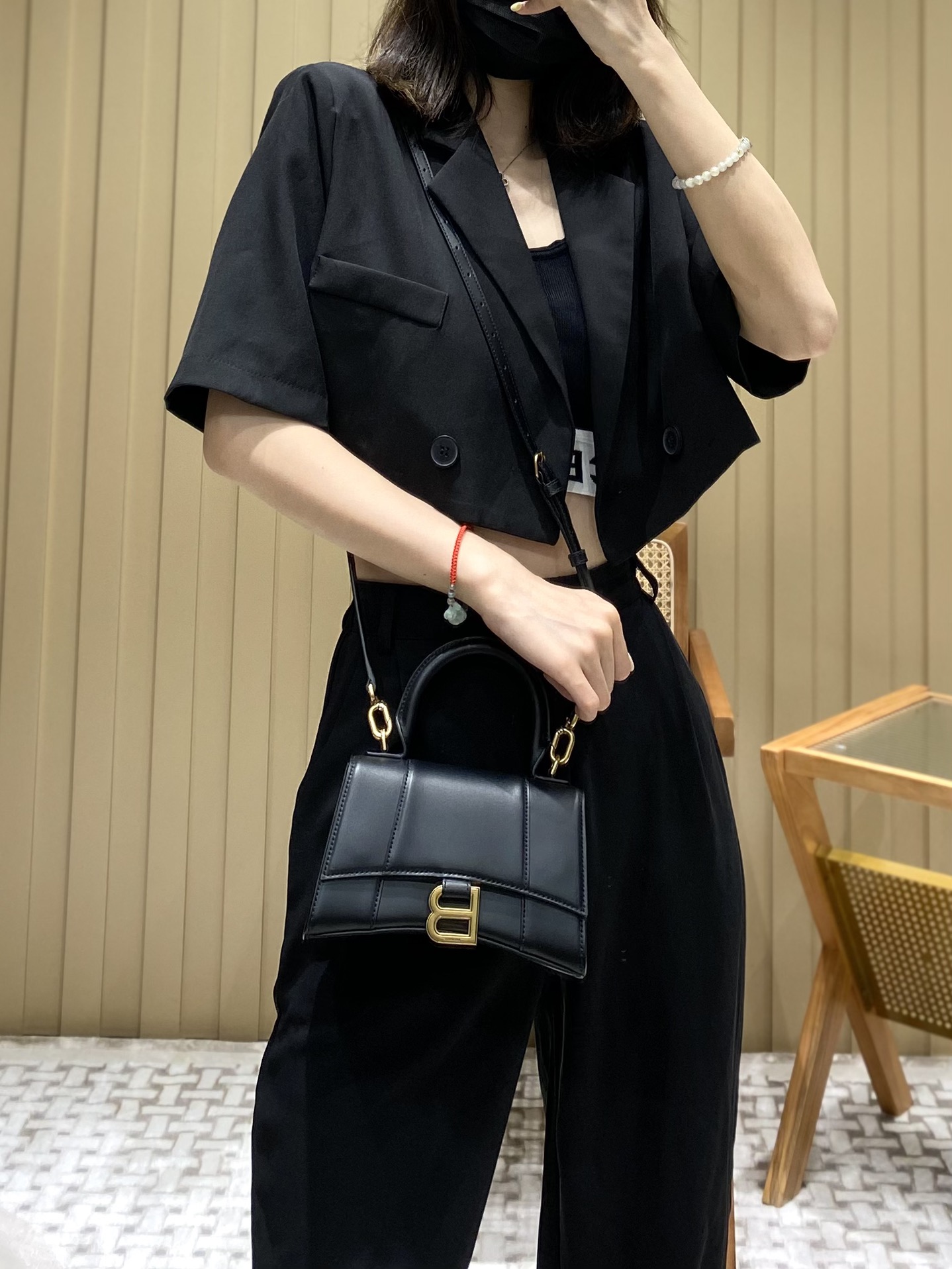 Balenciaga Hourglass XS 19CM BAG 平纹沙漏包 592833黑色/金扣