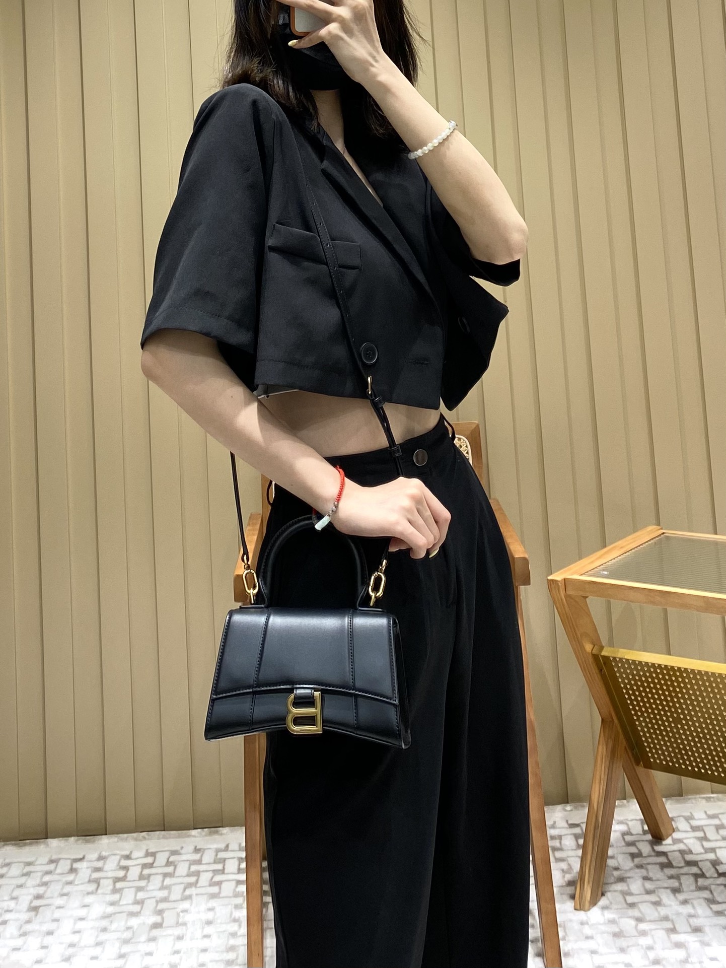 Balenciaga Hourglass XS 19CM BAG 平纹沙漏包 592833黑色/金扣