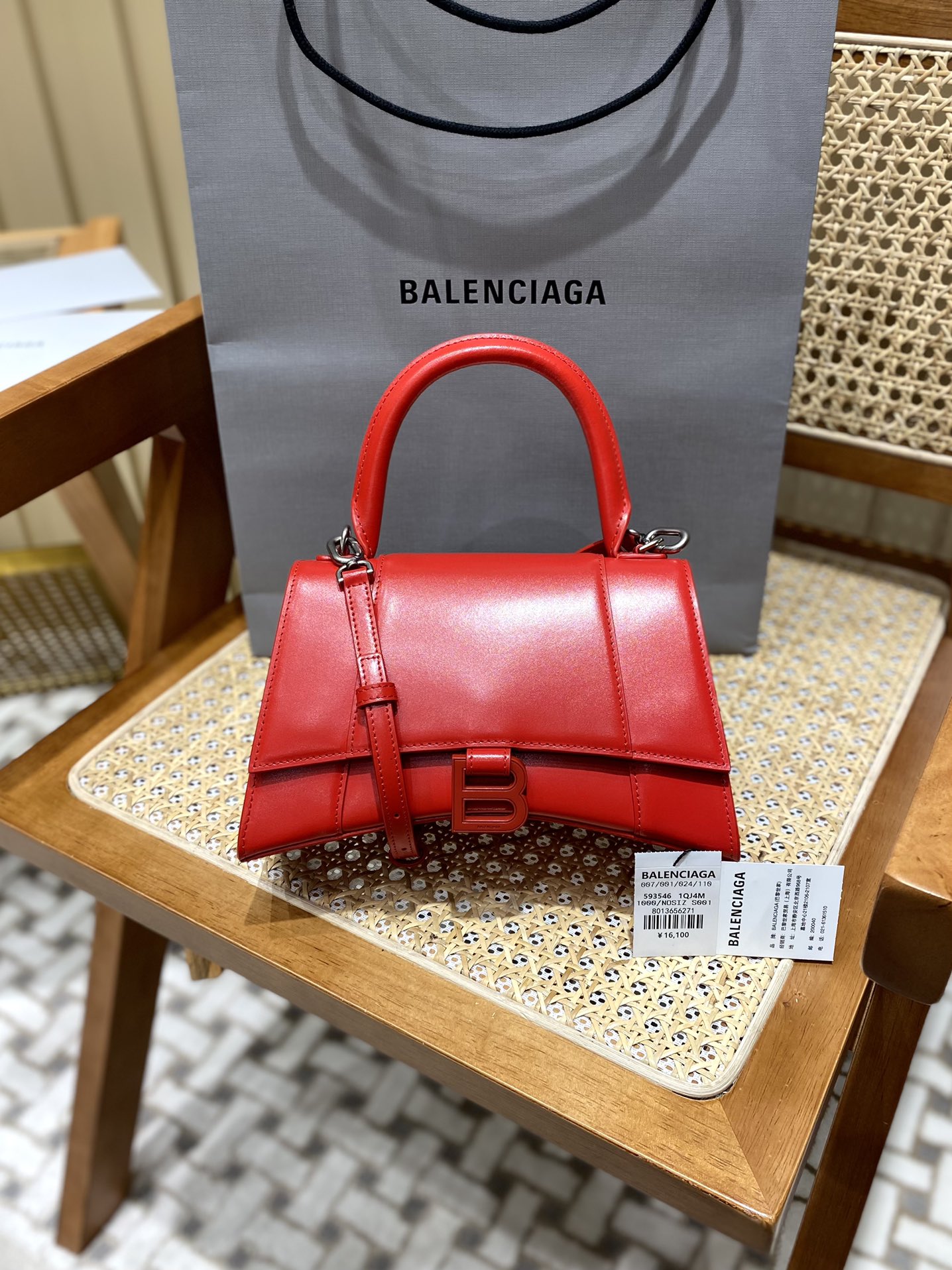 Balenciaga Hourglass S 23CM 平纹纹沙漏包 593546红色/红扣
