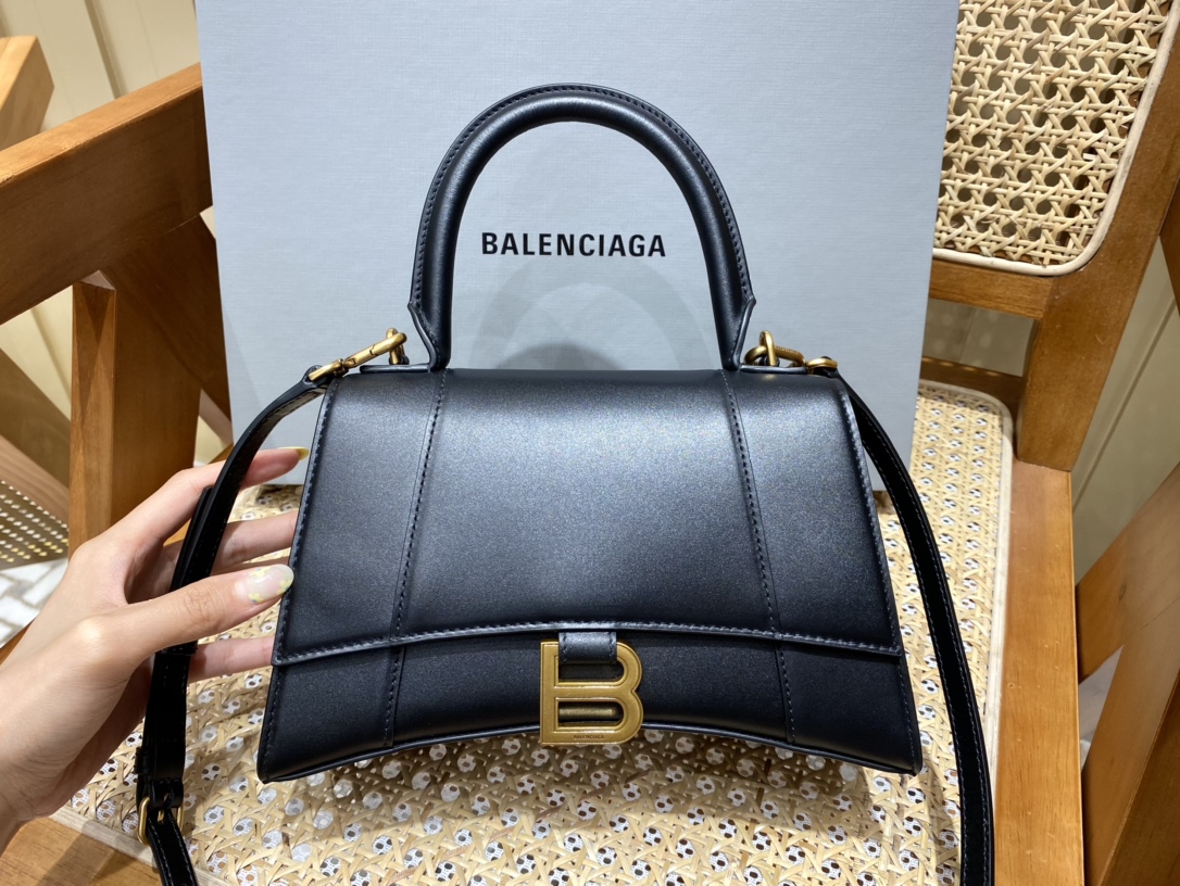 Balenciaga Hourglass S 23CM 平纹纹沙漏包 593546黑色/金扣