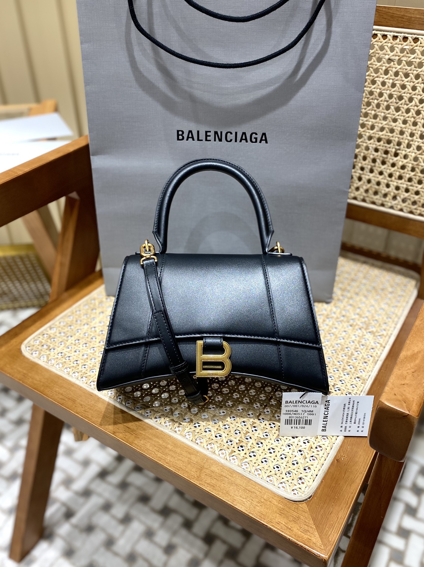 Balenciaga Hourglass S 23CM 平纹纹沙漏包 593546黑色/金扣