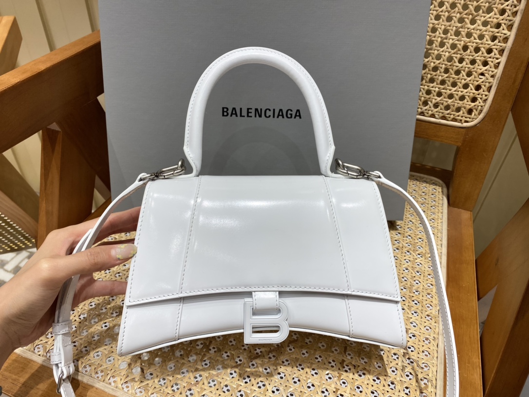 Balenciaga Hourglass S 23CM 平纹纹沙漏包 593546奶白色/白扣