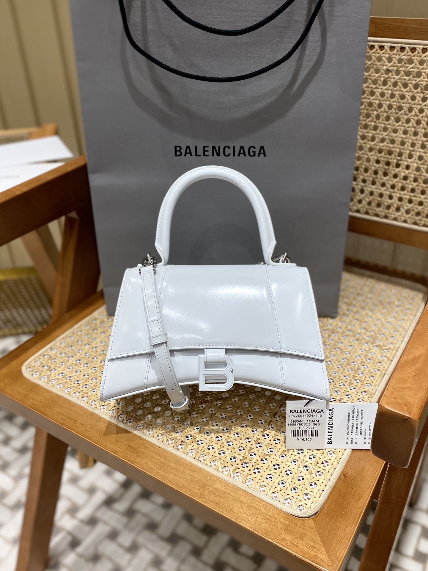 Balenciaga Hourglass S 23CM 平纹纹沙漏包 593546奶白色/白扣