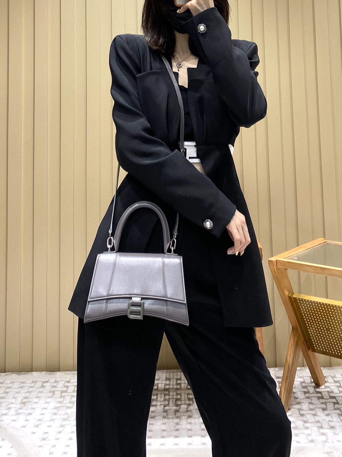 Balenciaga Hourglass S 23CM 平纹纹沙漏包 593546灰色/银扣