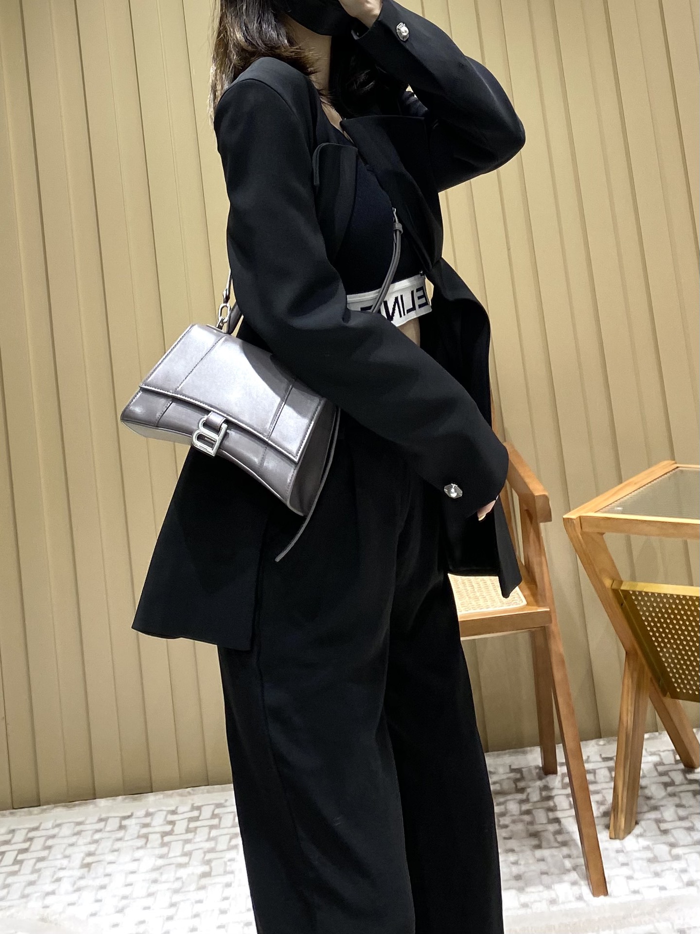 Balenciaga Hourglass S 23CM 平纹纹沙漏包 593546灰色/银扣