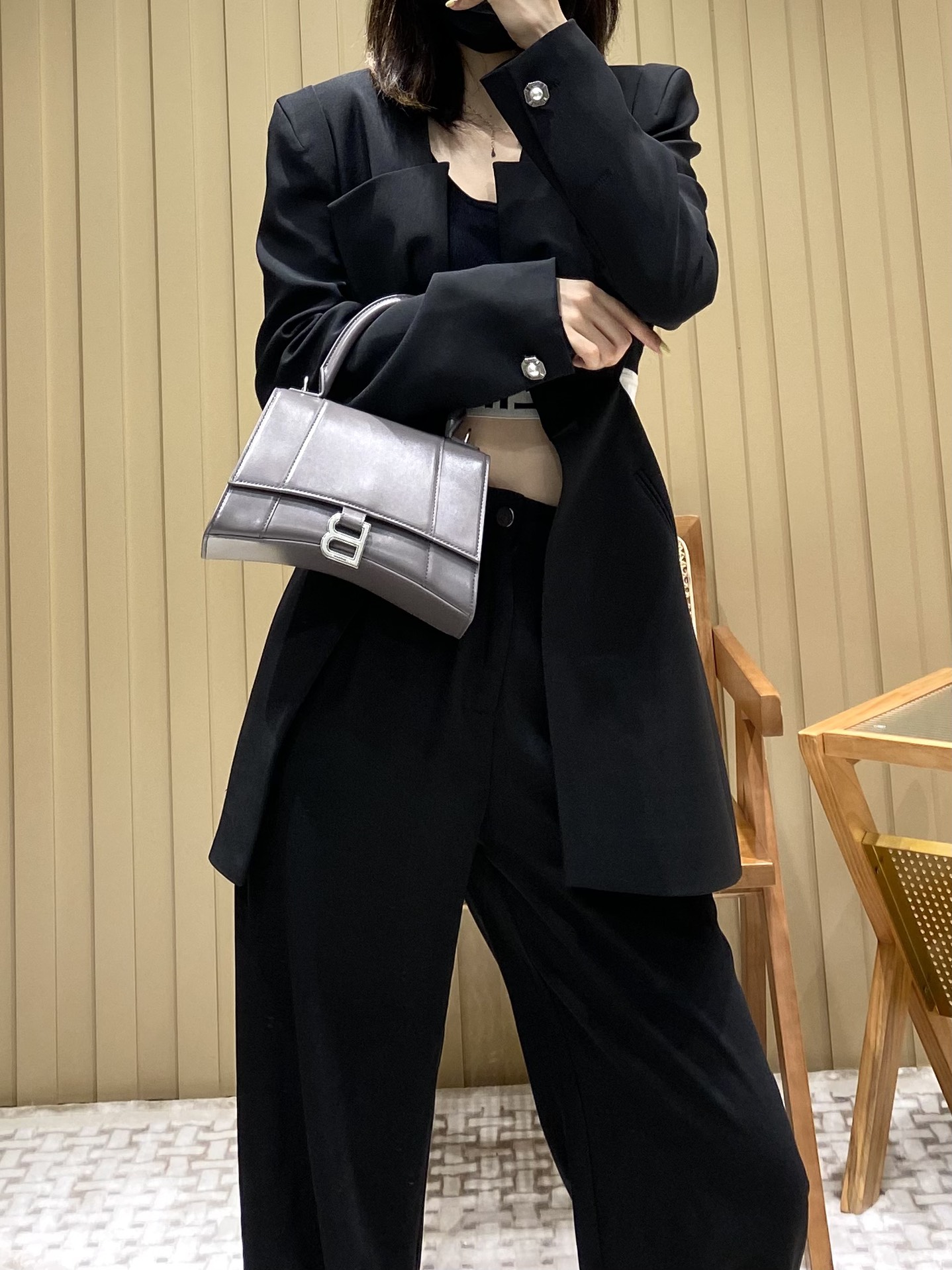 Balenciaga Hourglass S 23CM 平纹纹沙漏包 593546灰色/银扣