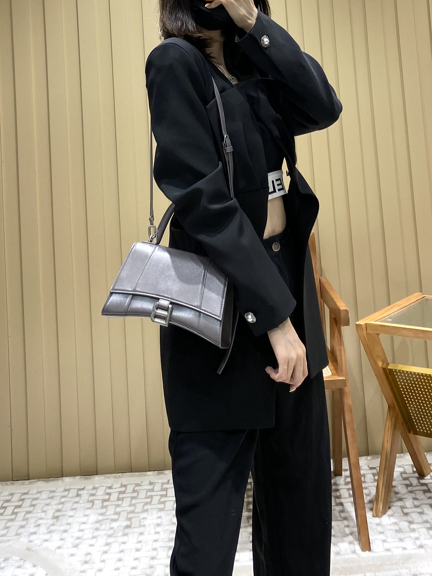 Balenciaga Hourglass S 23CM 平纹纹沙漏包 593546灰色/银扣