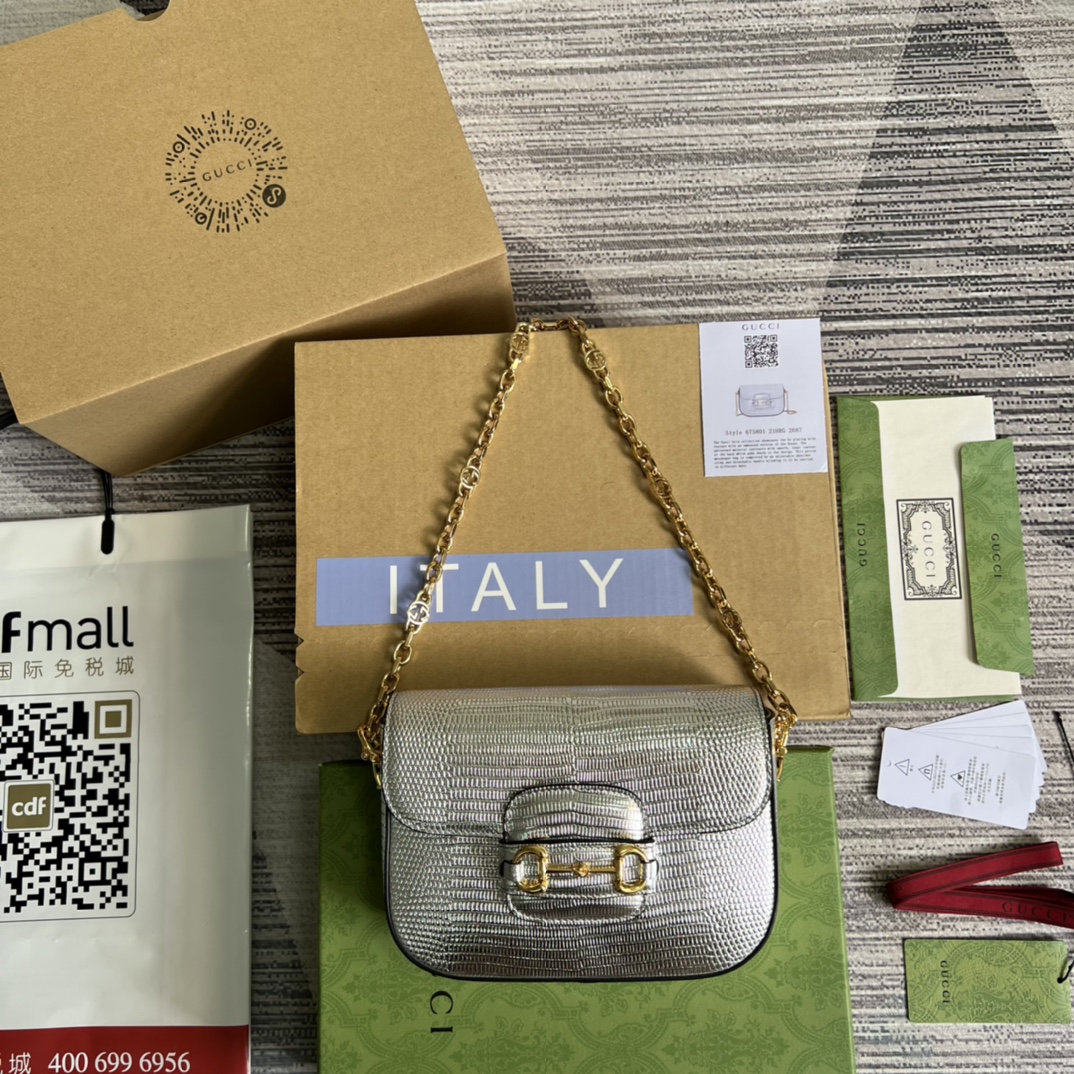 GUCCI Horsebit 1955 蜥蜴纹皮 链条包