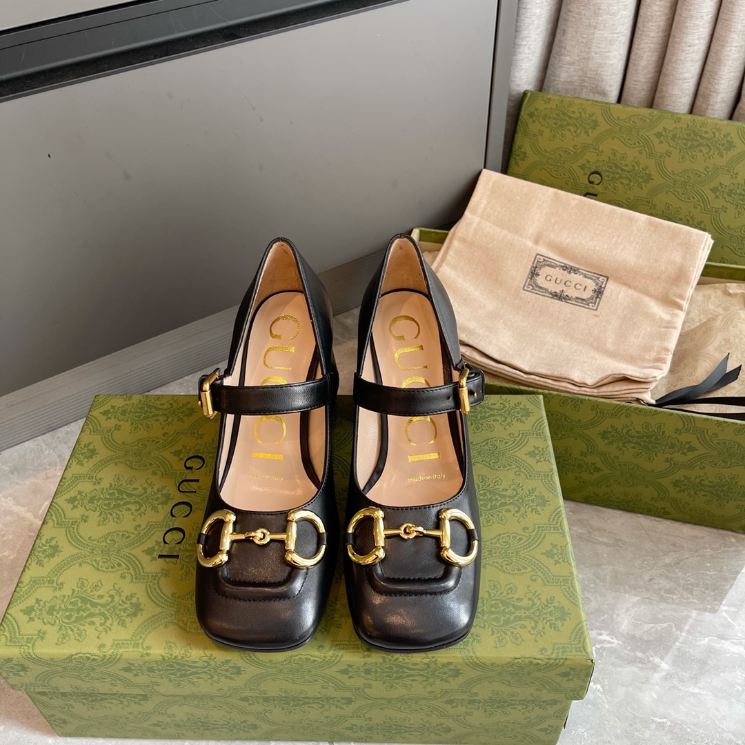 Gucci 方头 马衔扣 玛丽珍 高跟鞋 黑色
