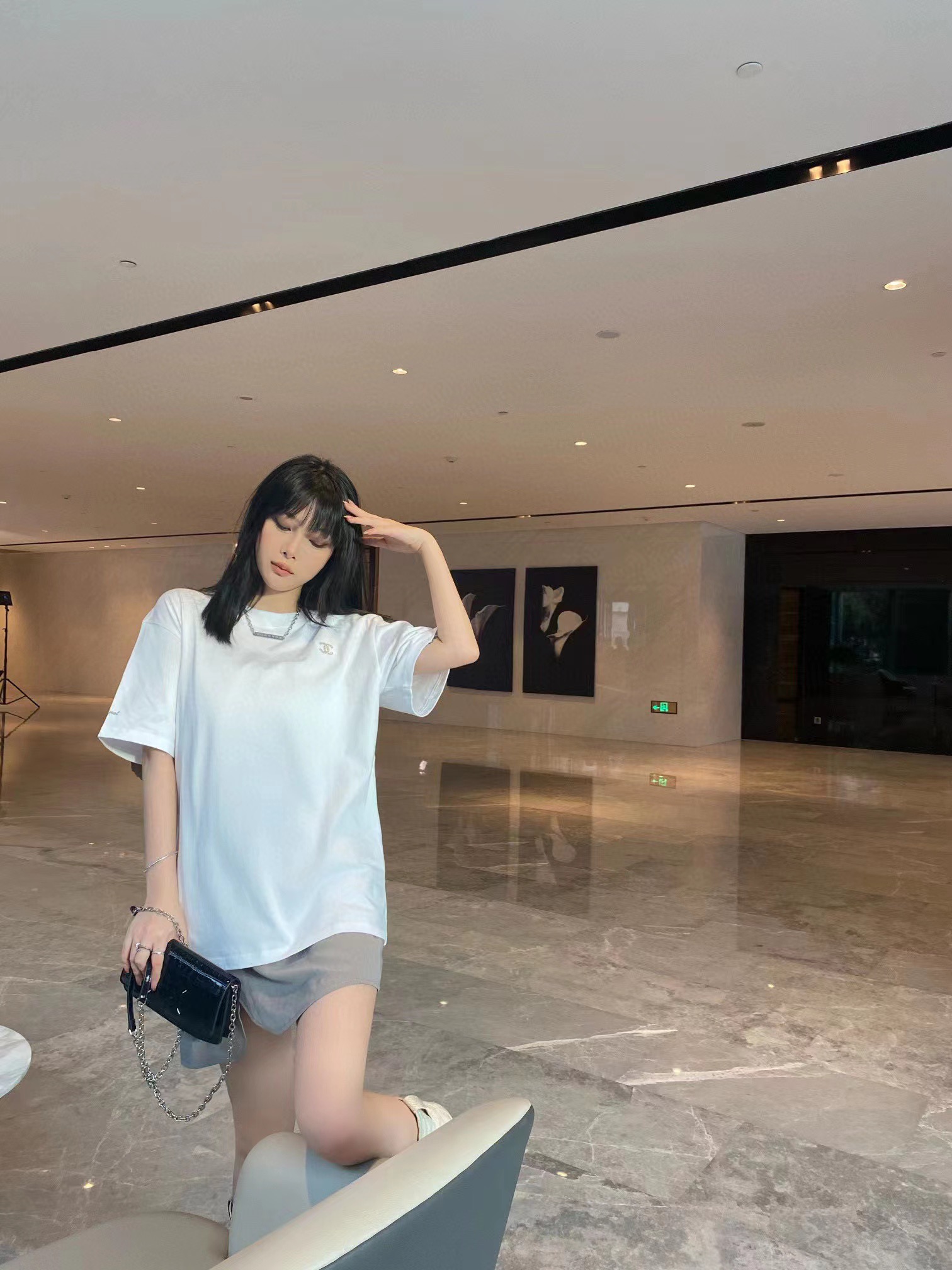 CHANEL /香奈儿 小香银色金属软线刺绣短袖T恤 上身效果#