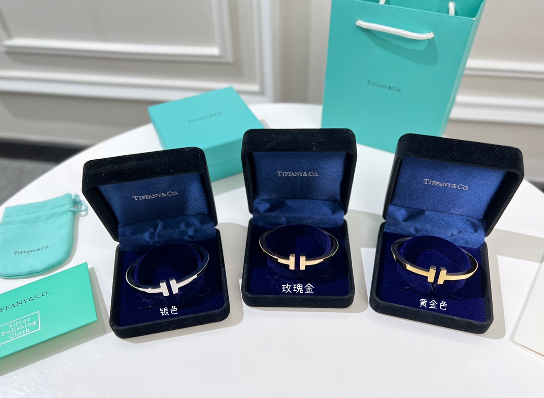 Tiffany&co 蒂芙尼 经典款T字系列 光面金色银色玫瑰金双T手镯