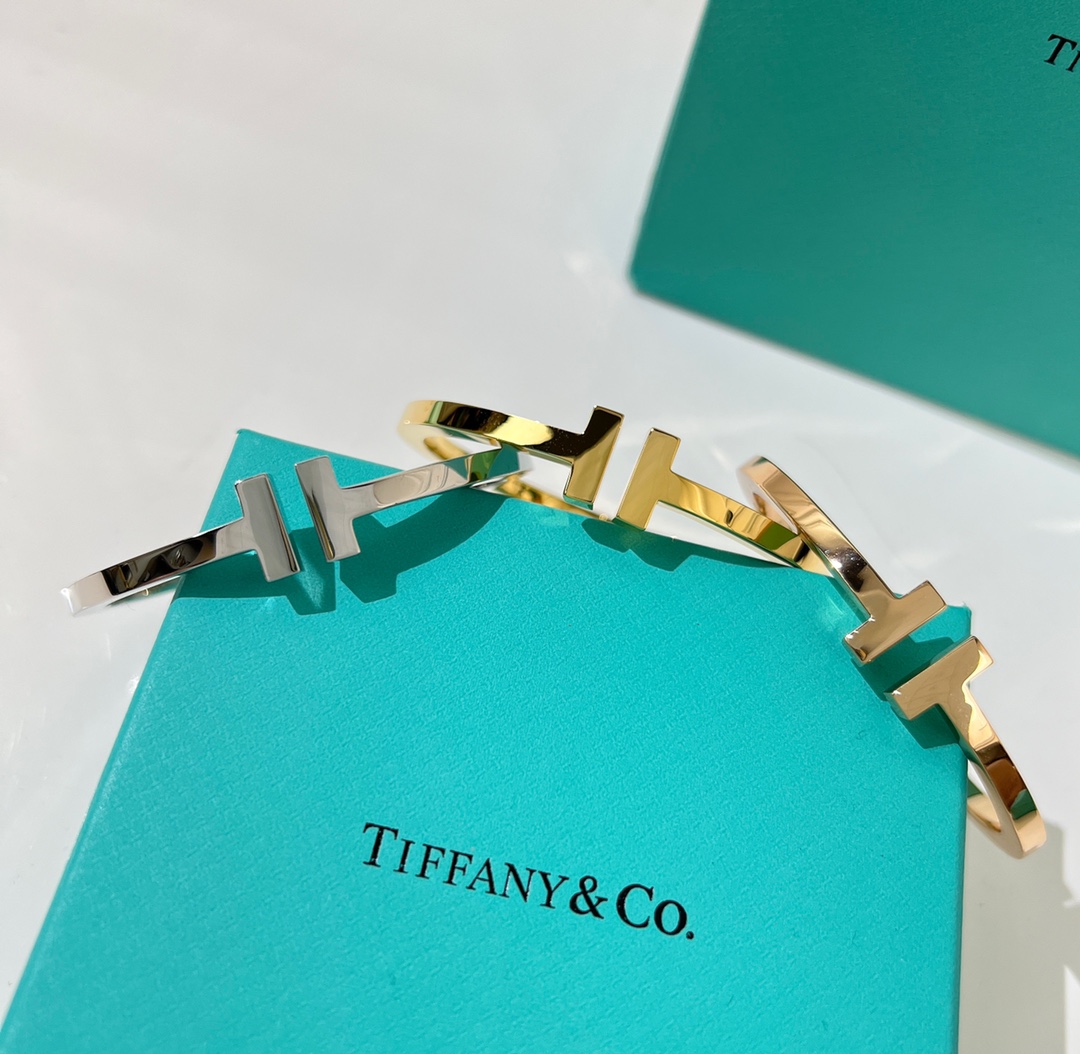 Tiffany&co 蒂芙尼 经典款T字系列 光面金色银色玫瑰金双T手镯