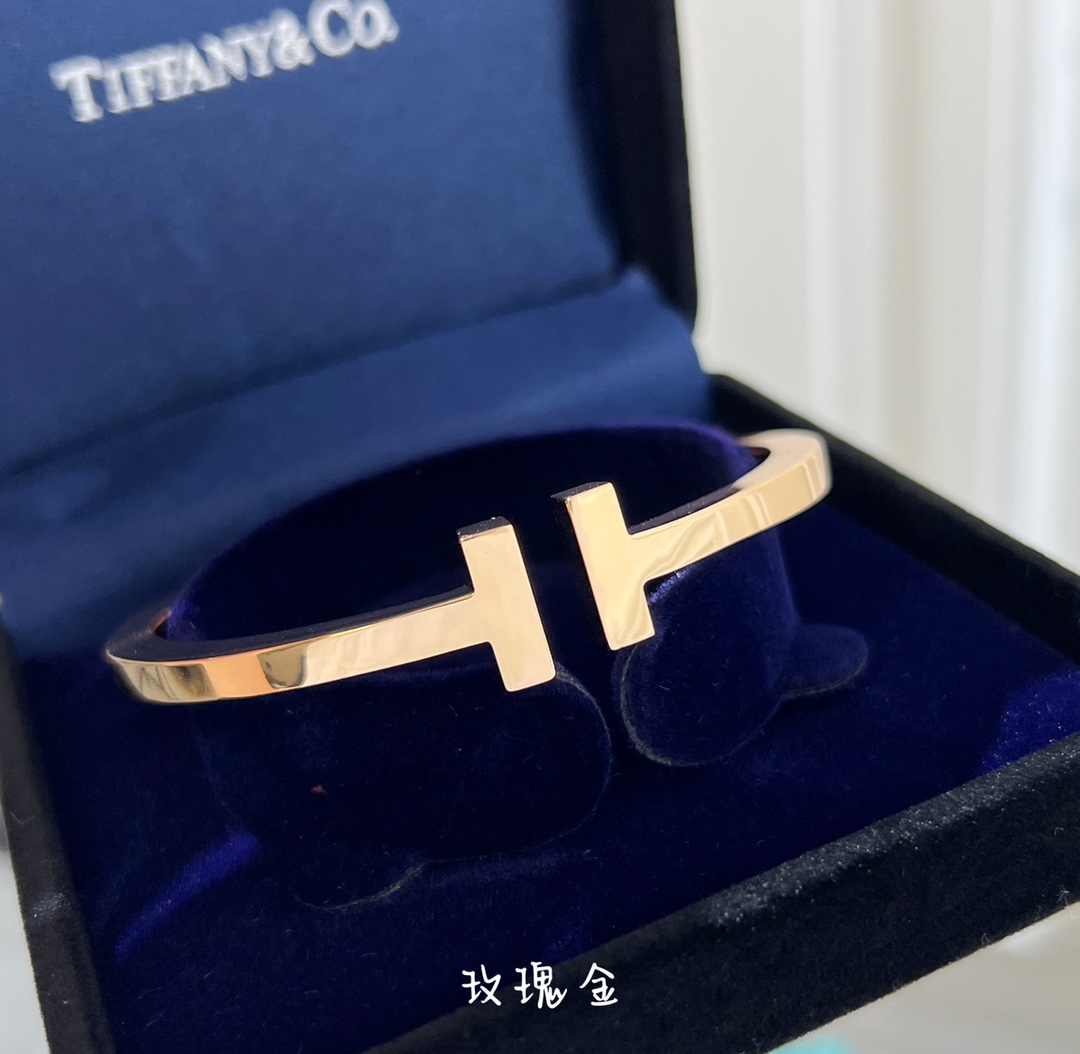 Tiffany&co 蒂芙尼 经典款T字系列 光面金色银色玫瑰金双T手镯