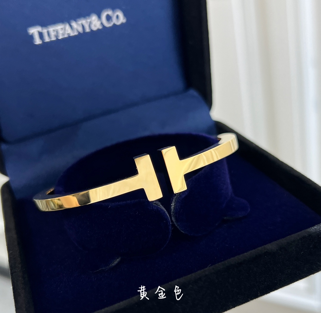 Tiffany&co 蒂芙尼 经典款T字系列 光面金色银色玫瑰金双T手镯