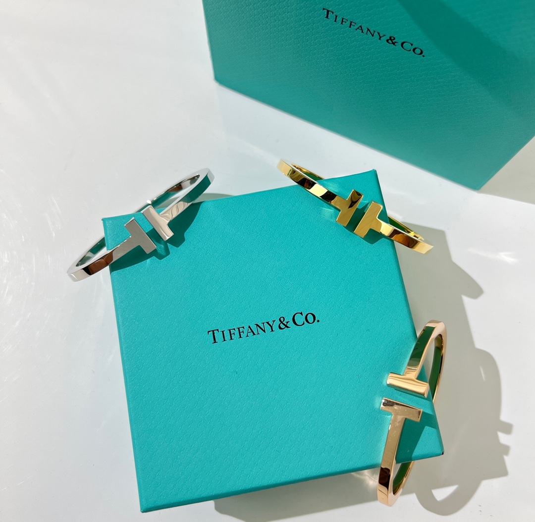 Tiffany&co 蒂芙尼 经典款T字系列 光面金色银色玫瑰金双T手镯