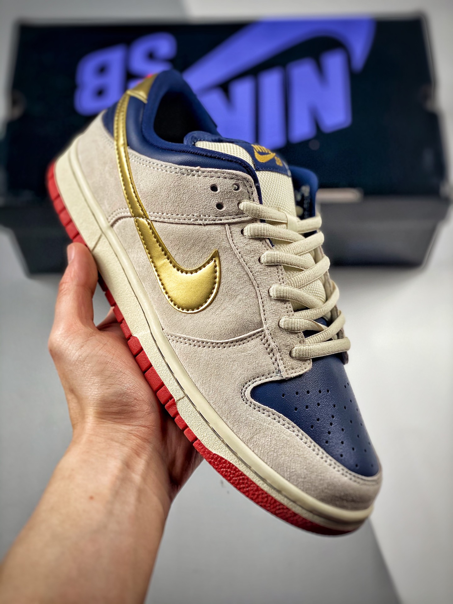 -4 Nk Dunk SB Low Blanco Azul Dorado, producción original de fábrica grande, primer lanzamiento con fotos reales, mater…