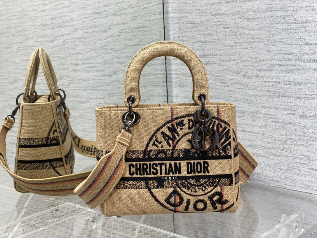 Dior Lady D-Lite сумка из джутового холста с вышивкой