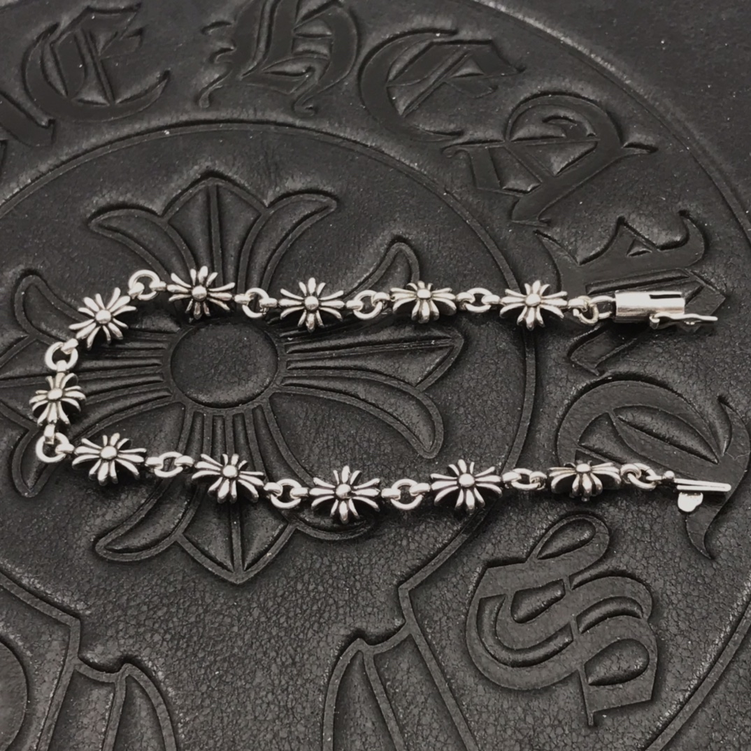 Chrome Hearts 高版本克罗心无钻细十字花手链，对版插扣， 14K刻字插片，男女均可佩戴，尺码17-18-19可选