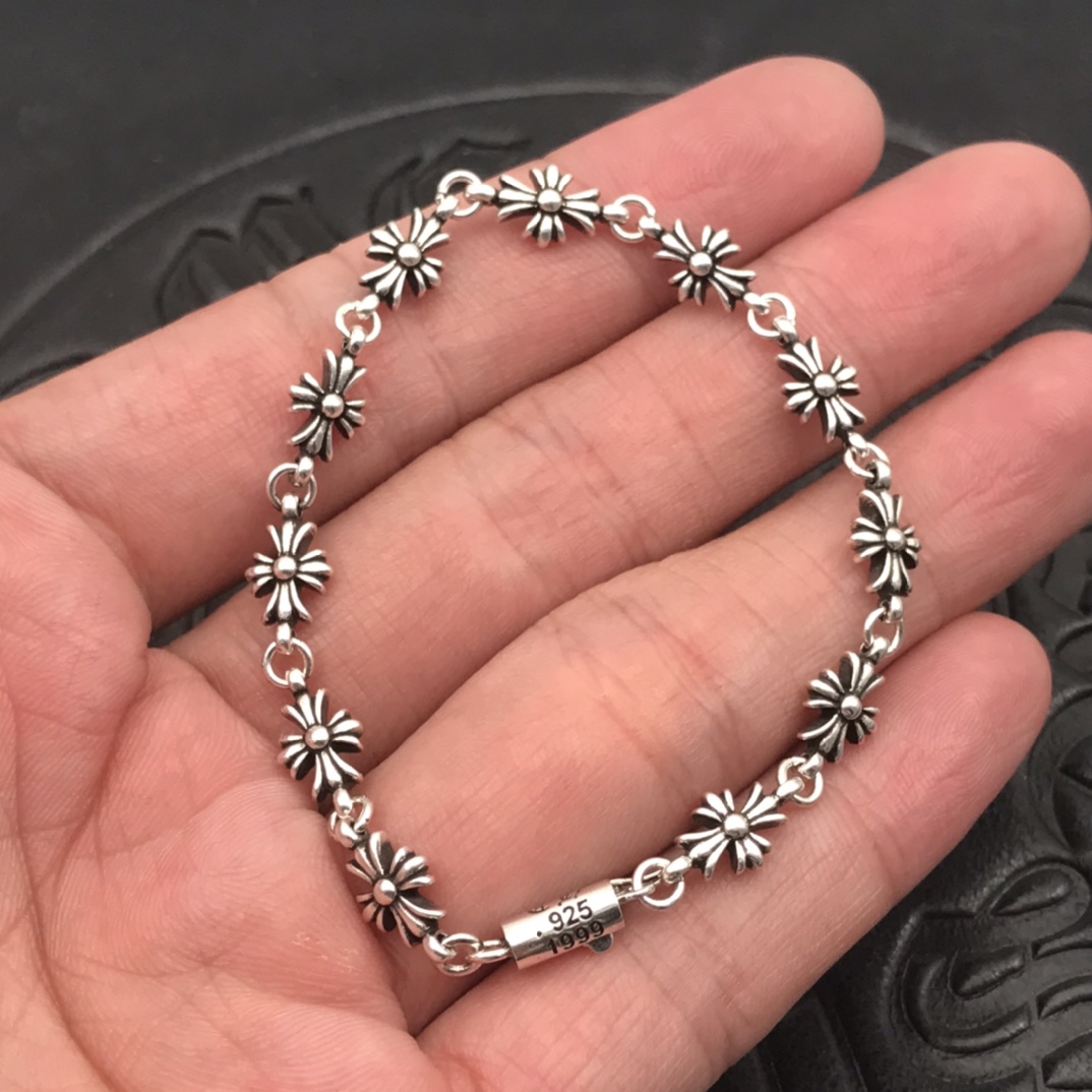 Chrome Hearts 高版本克罗心无钻细十字花手链，对版插扣， 14K刻字插片，男女均可佩戴，尺码17-18-19可选
