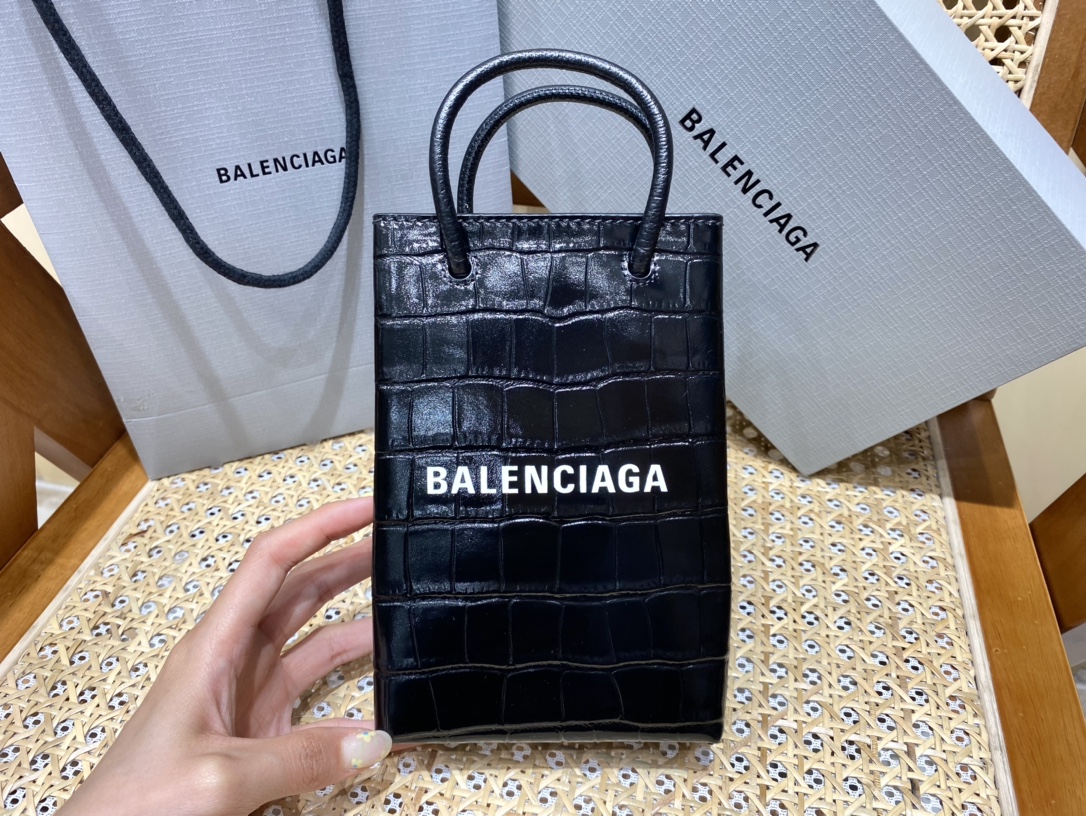 Balenciaga Shopping 12CM Bag 购物纸袋包 593826黑色鳄鱼纹