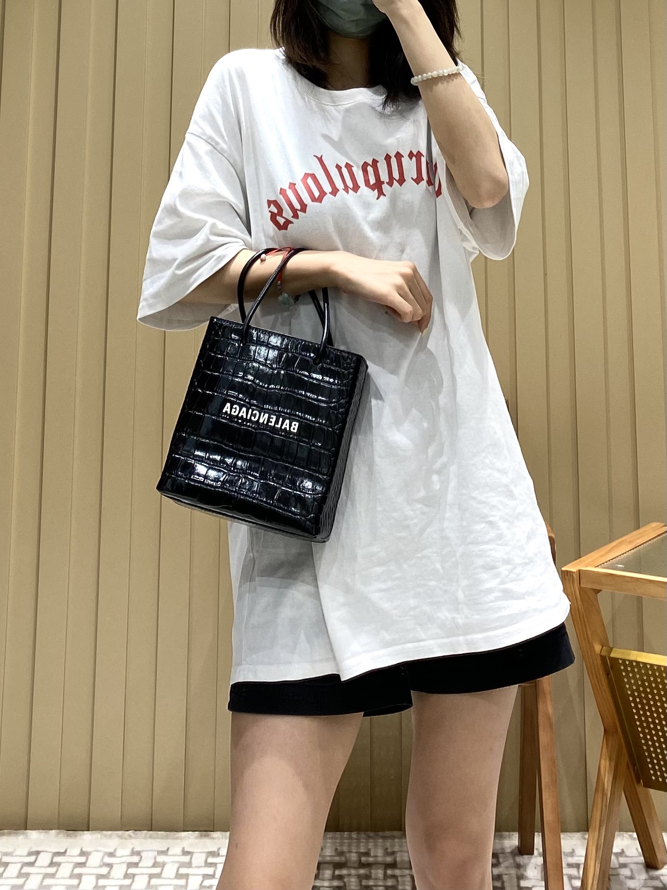 Balenciaga Shopping 20CM Bag 鳄鱼纹购物纸袋包 572411黑色