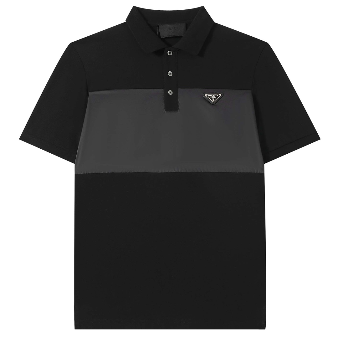 PRAD Prada*2023SS primavera/verano polo con cuello nuevo, diseño de tejido de contraste, con etiqueta de piel triangula…