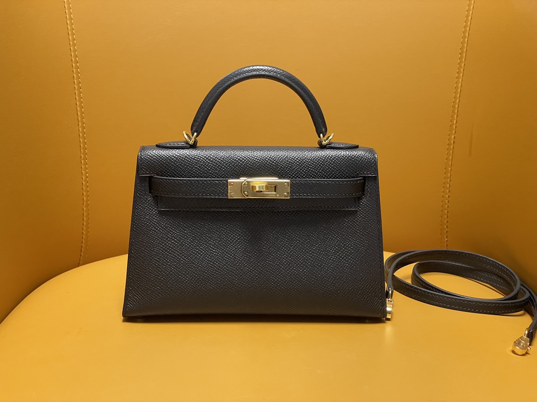 Hermes Kelly Handbags Crossbody & Shoulder Bags Black Yellow Gold Hardware Epsom Summer Collection Mini