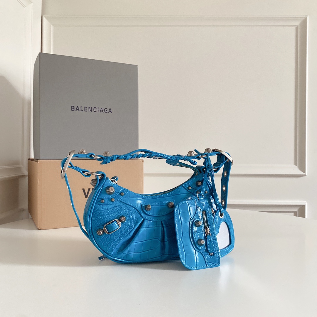 Balenciaga Crescent Bag actual photos, croc-embossed blue small size 2