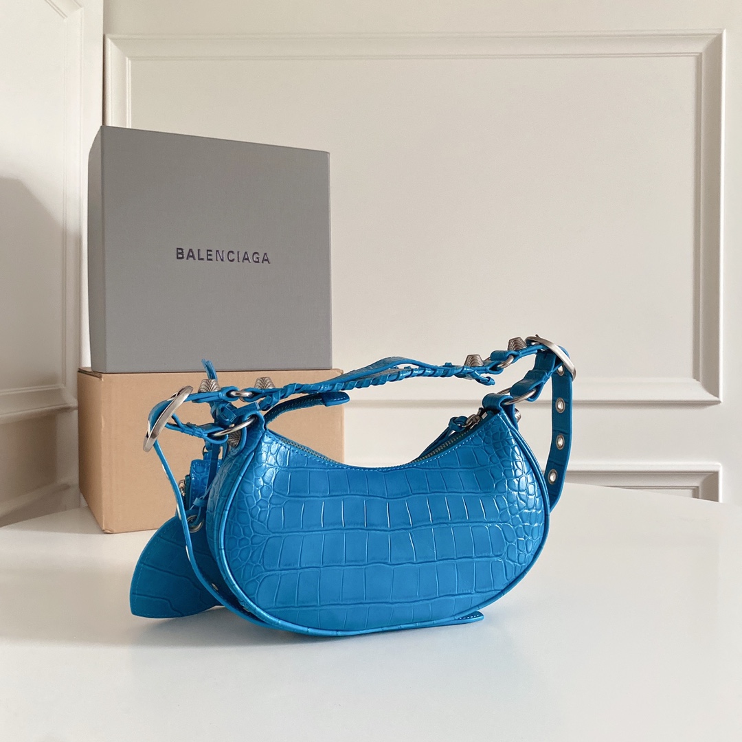 Balenciaga Crescent Bag actual photos, croc-embossed blue small size 3