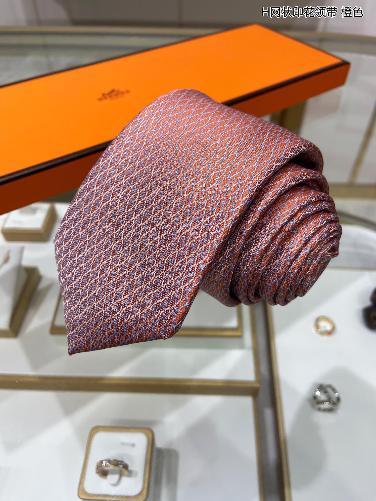 Hermes爱马仕100%顶级斜纹真丝网状印花领带