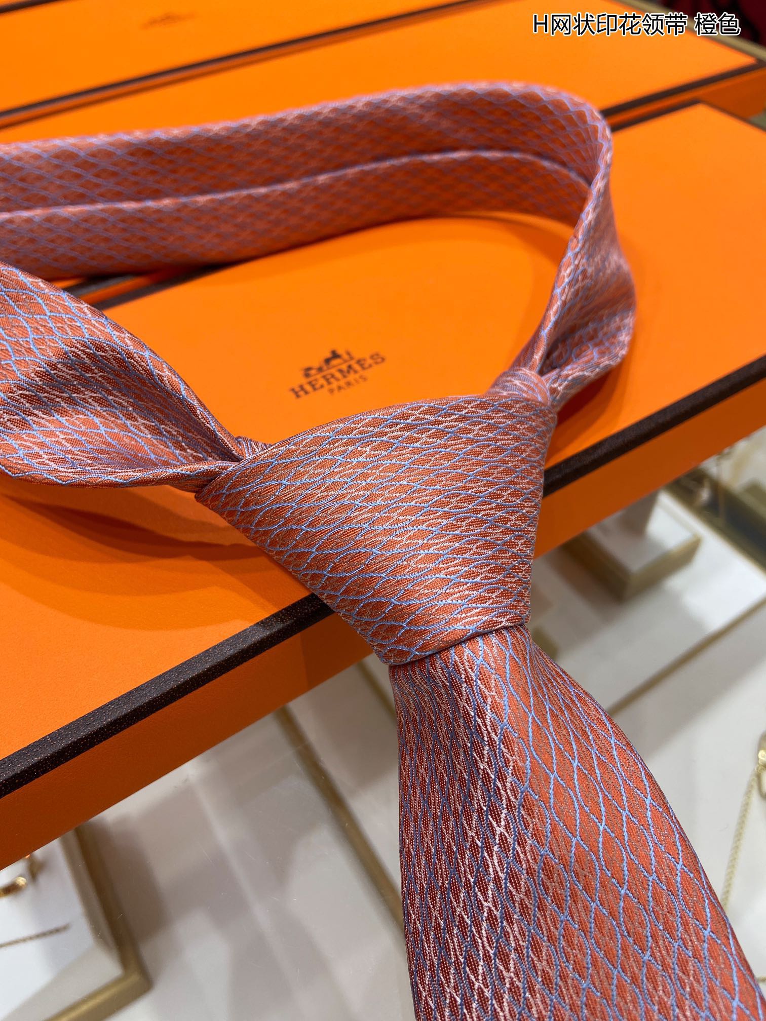 Hermes爱马仕100%顶级斜纹真丝网状印花领带