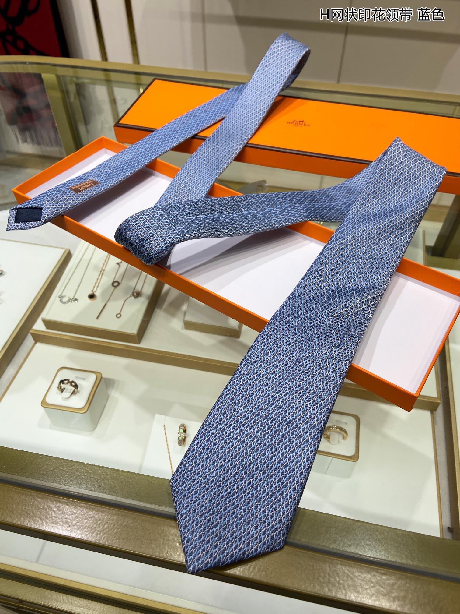 Hermes爱马仕100%顶级斜纹真丝网状印花领带