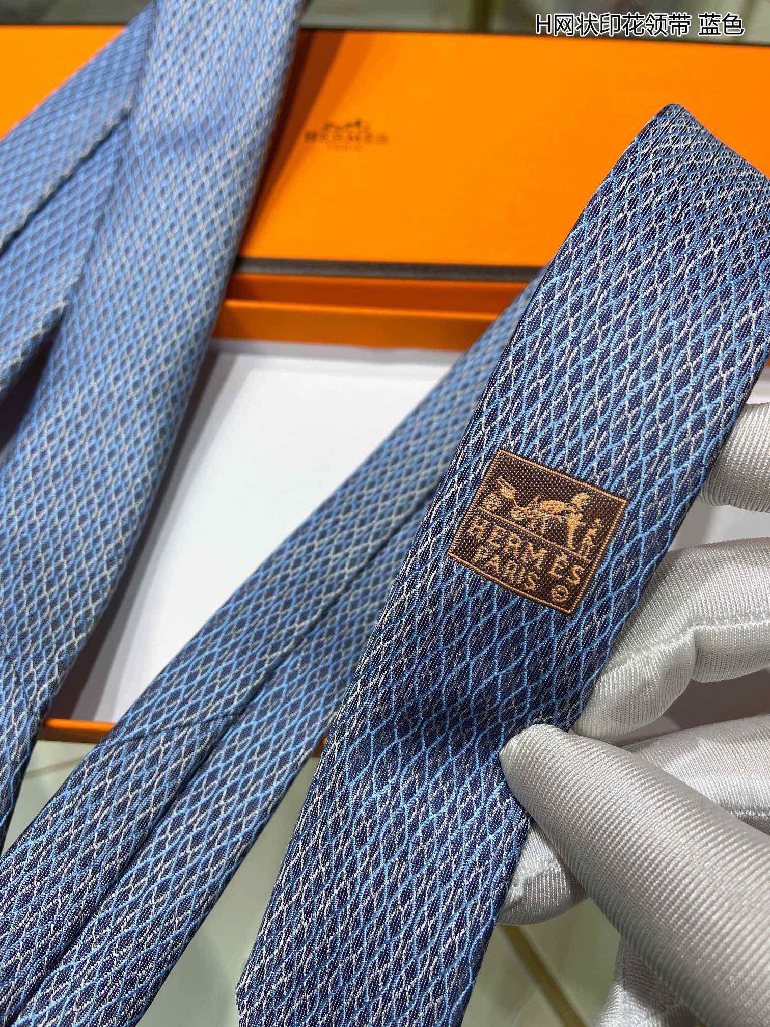 Hermes爱马仕100%顶级斜纹真丝网状印花领带