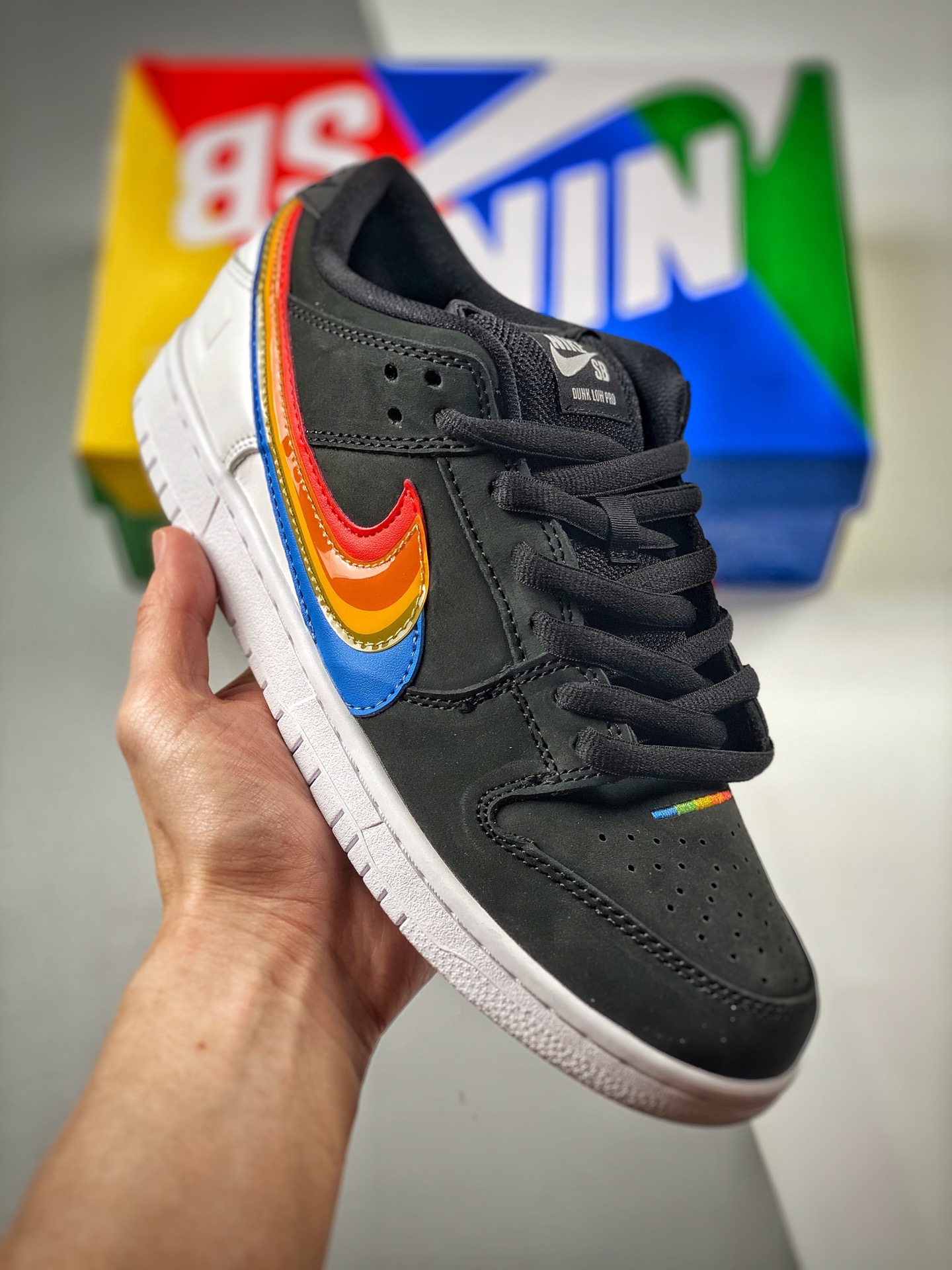 -5 Nk Dunk SB Low arcoíris negro, producción original de fábrica grande, fotos reales de estreno, material de capa supe…